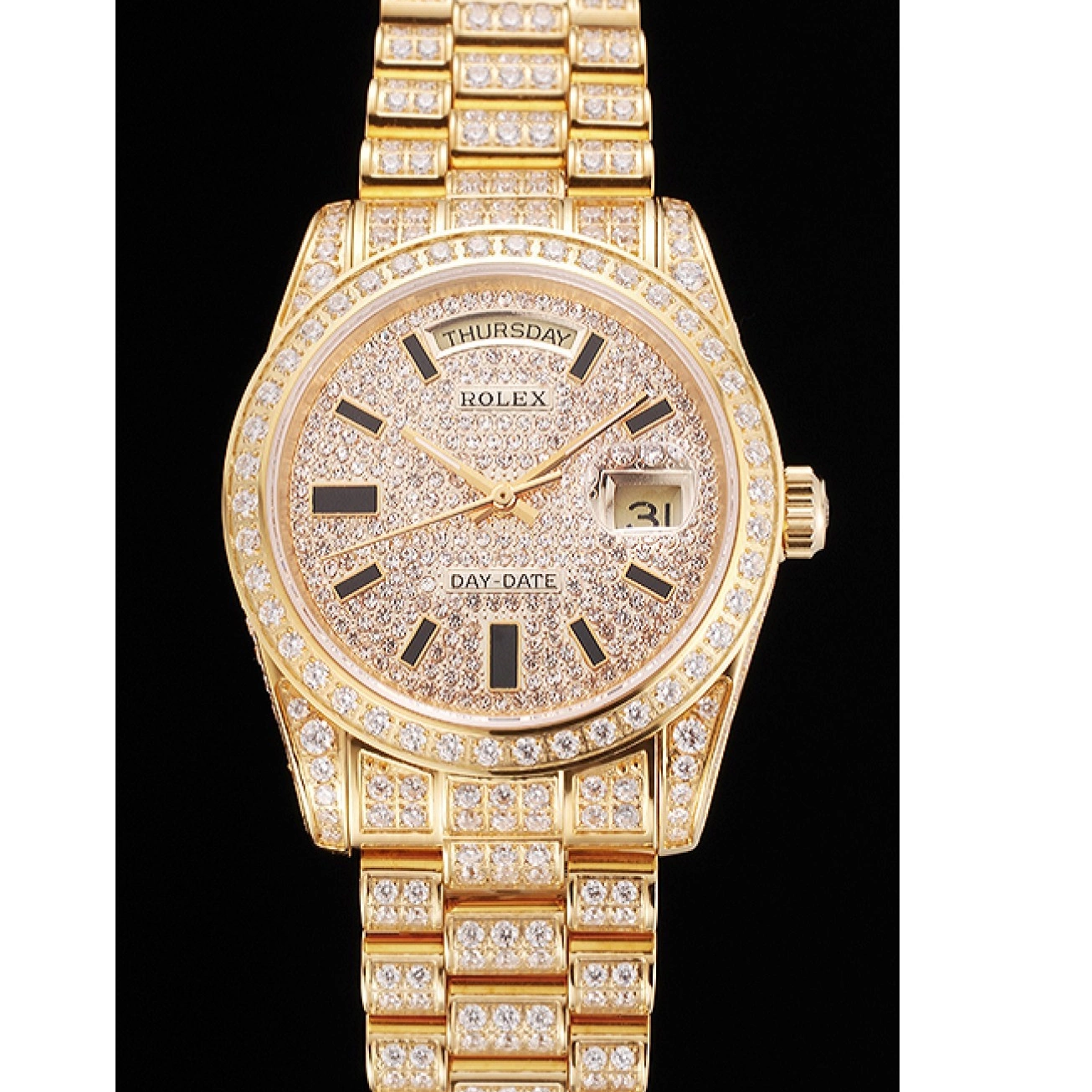 Aaa replica watch Full Day Rolex Date Gold Pave Swiss Yellow Diamond 0816